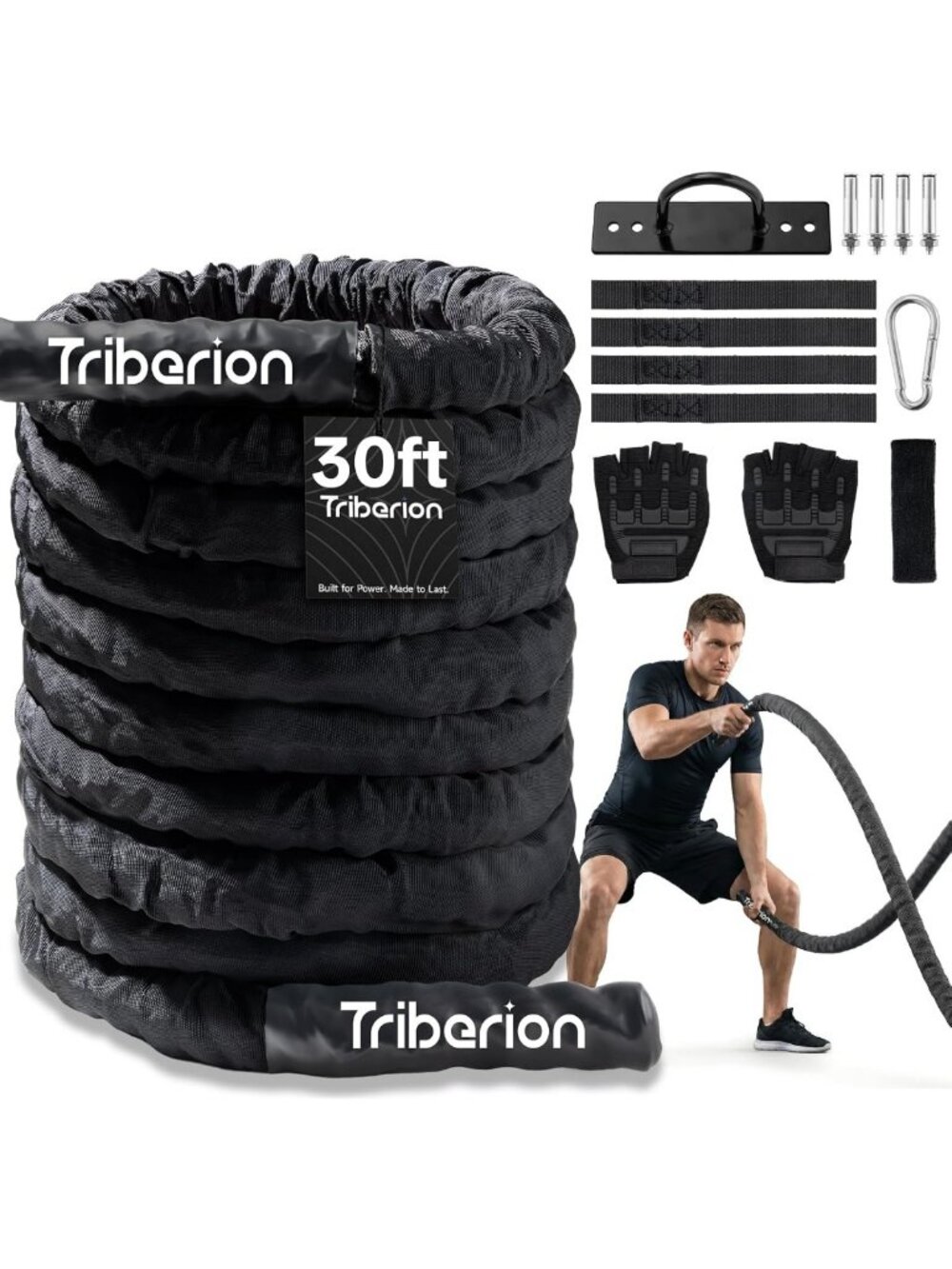 30ft Heavy Battle Rope for Home Gym - 1.5 Inch Fitness Training Equipment with